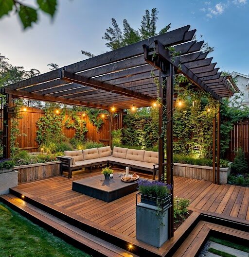 Modern wooden deck with pergola, string lights, built-in sectional seating, and lush garden landscaping.