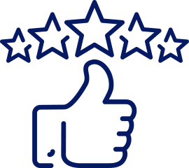 Thumbs up icon with five stars representing excellent customer service and satisfaction
