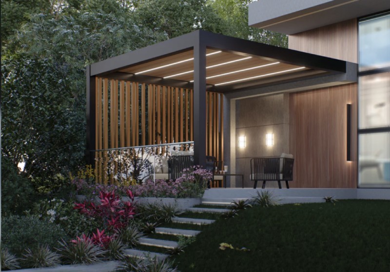 Modern pergola with integrated lighting and a vertical privacy screen